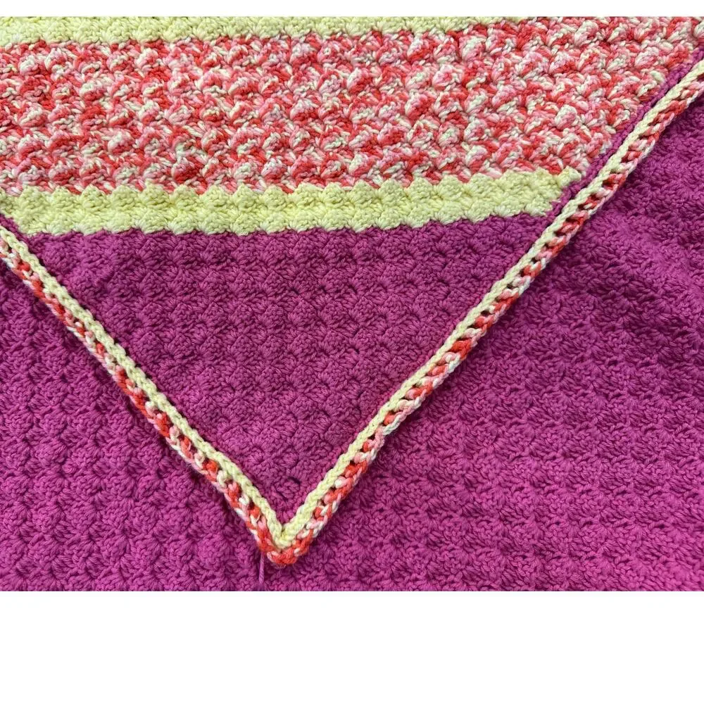 Handmade Crochet Pink with Pale Yellow Acrylic Yarn Afghan Blanket 48